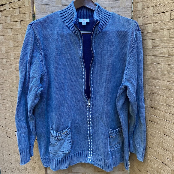Quacker Factory Blue Knit Crystal Embellished Full Zip Sweater 2X Denim Pockets - Picture 6 of 12